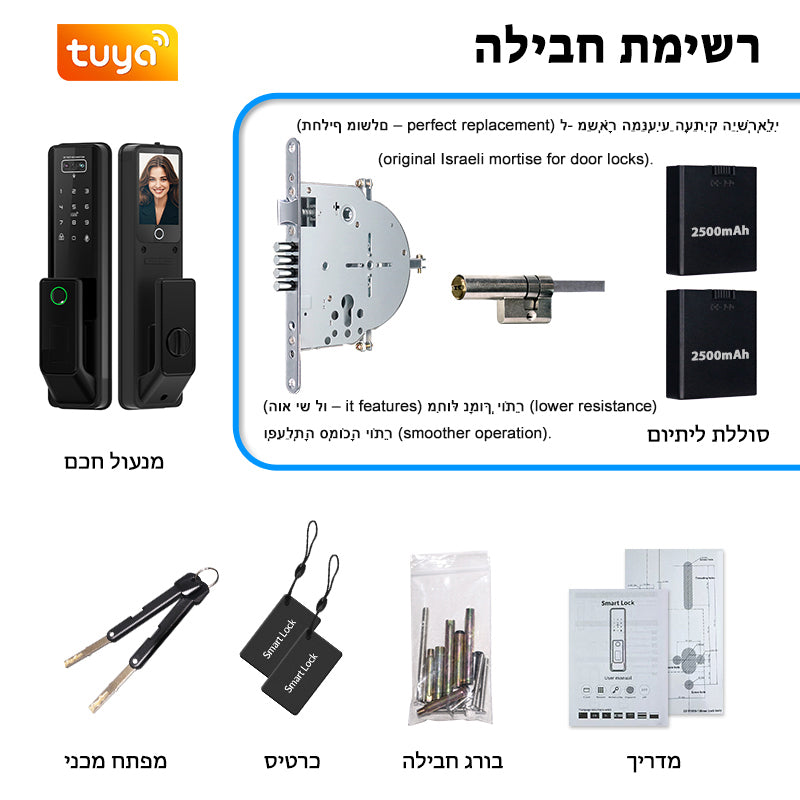 Designed for Israel Facial Recognition Automatic Door Lock TUYA Front Door Fingerprint Smart Lock Digit Camera Inner Screen