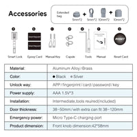 V1 Pro+ Version Adjustable TUYA or TTLock APP Fingerprint Password Digital RFID Card Cylinder Smart Door Lock for Home Hotel - 6