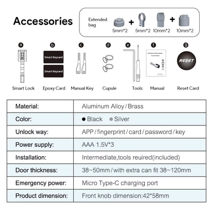 V1 Pro+ Version Adjustable TUYA or TTLock APP Fingerprint Password Digital RFID Card Cylinder Smart Door Lock for Home Hotel
